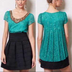 NWOT Anthropologie Sachin + Babi Carcanet Beaded Blouse Teal Size 10 Pleated